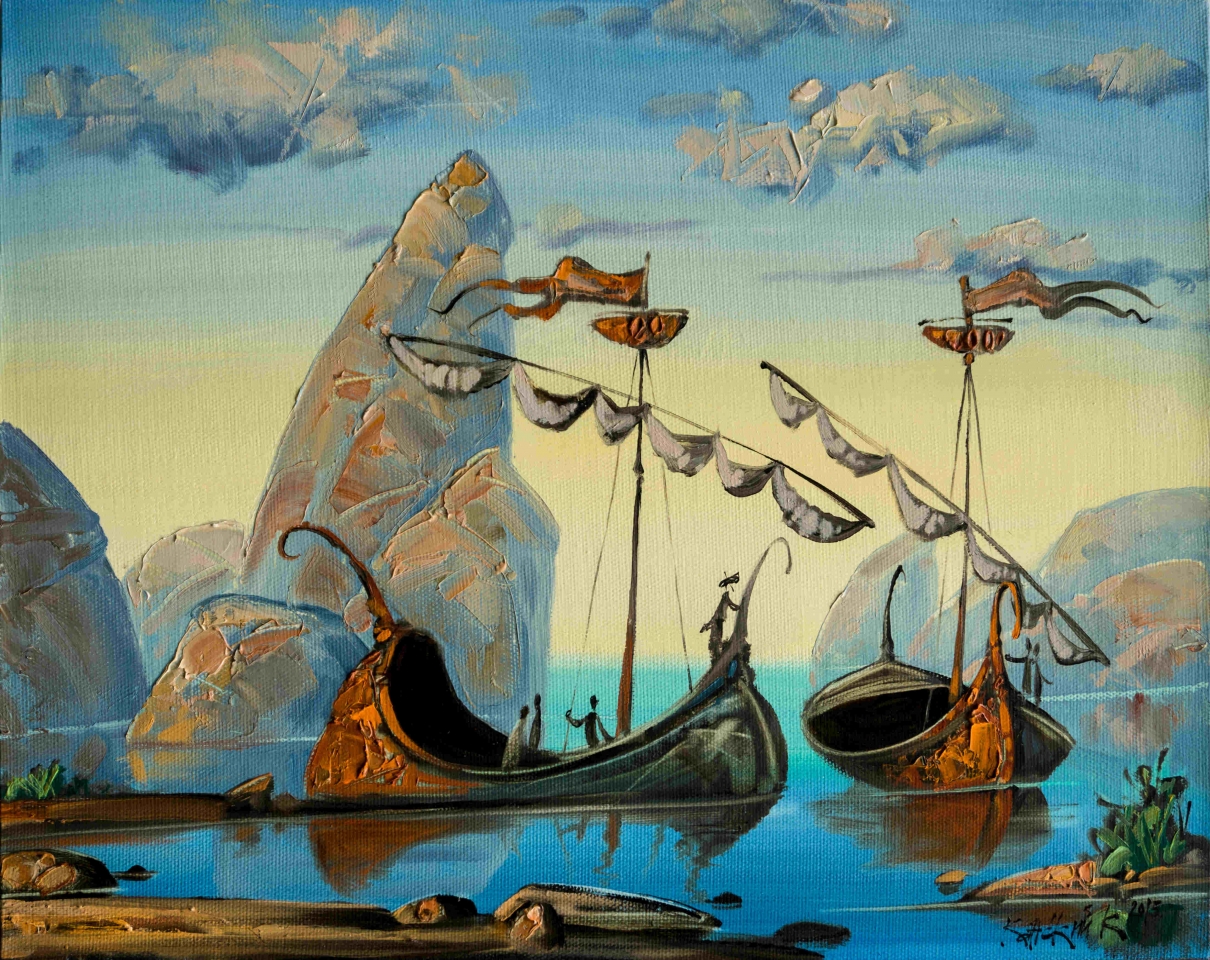 Ships, sea, sails, storm, Bay, rocks, sailors, morning, modern painting