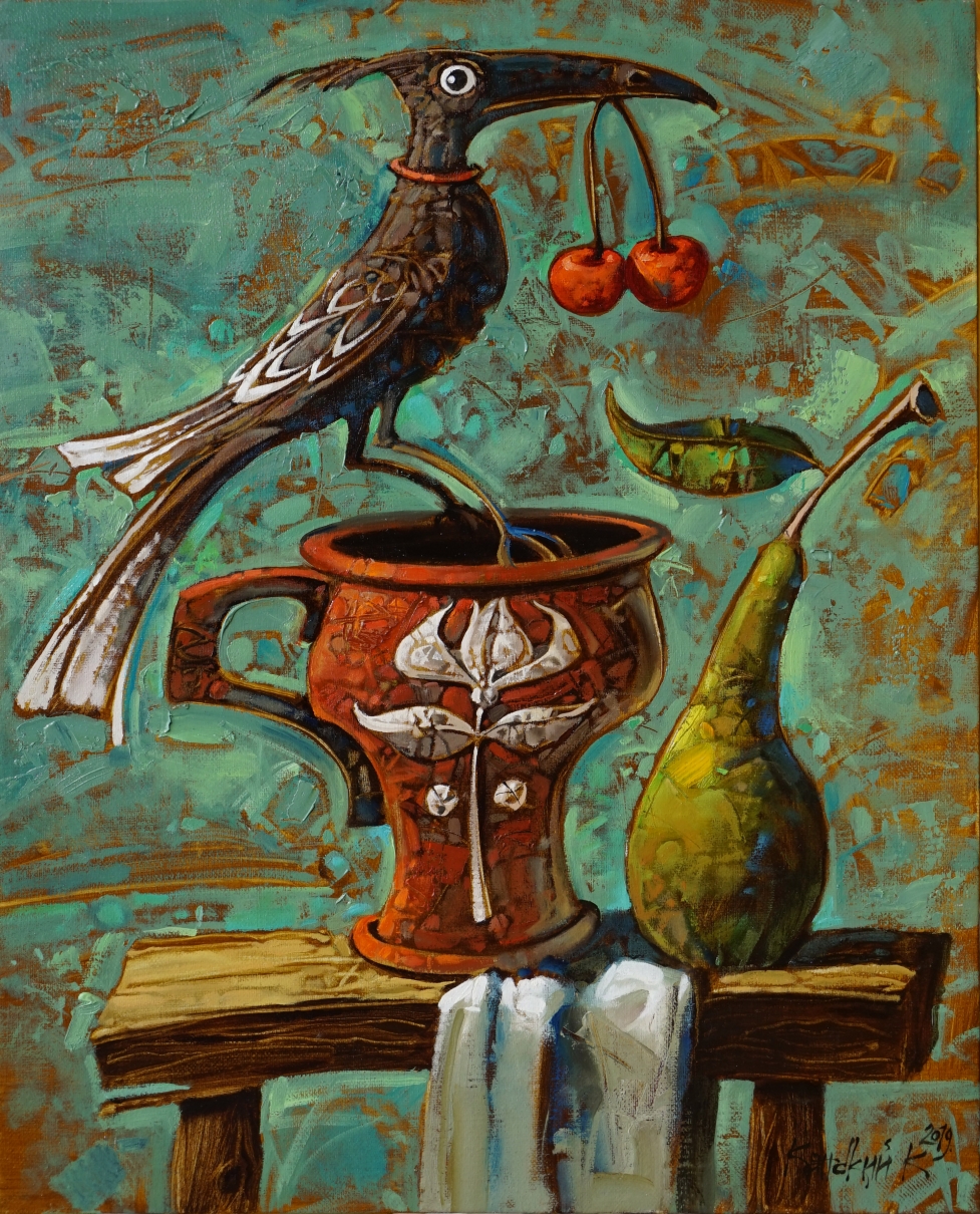 Still life, bird, pitcher, spring, cherries