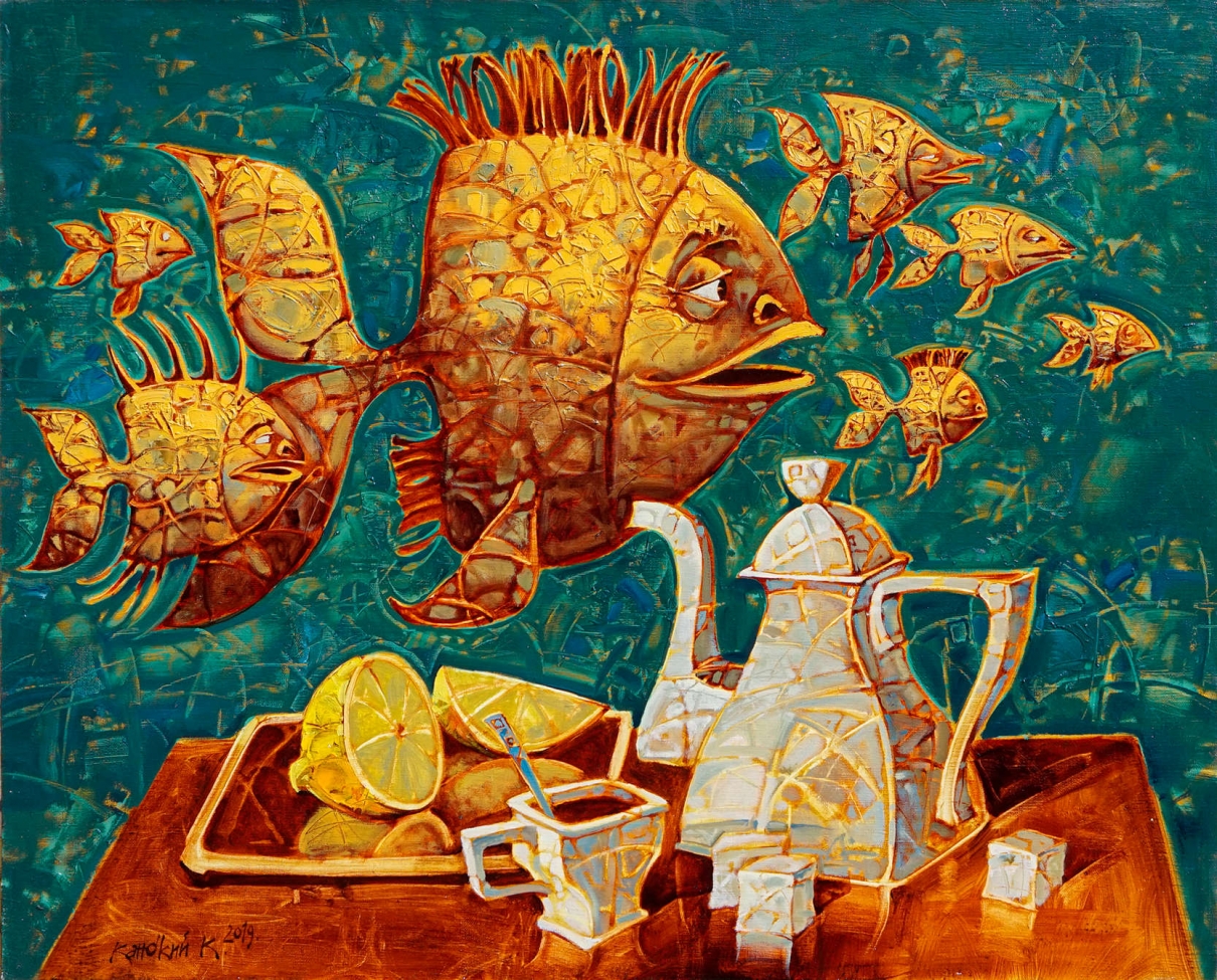 Still life with unusual flying goldfish gives the drink an unusual sophistication.