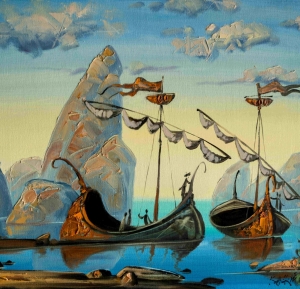 Ships, sea, sails, storm, Bay, rocks, sailors, morning, modern painting