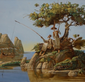 Рыбаки, остров, крокодил, рыбы, корабли, скалы
