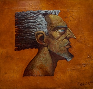 the profile of an adult man with gray hair and a beard on a red background