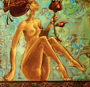 The naked girl poses gracefully. In her left hand she holds a rose. The base serves as an ornament.