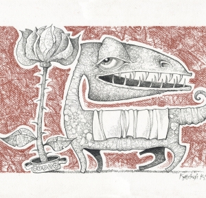 Художник Константин Канский, графика, дракон, цветок розы, угольный карандаш, сиена, что-то хвостатое, жанровая композиция, художественная галерея